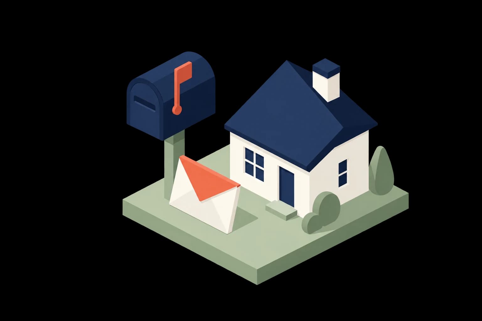 Navy postbox with an ivory envelope and small home.