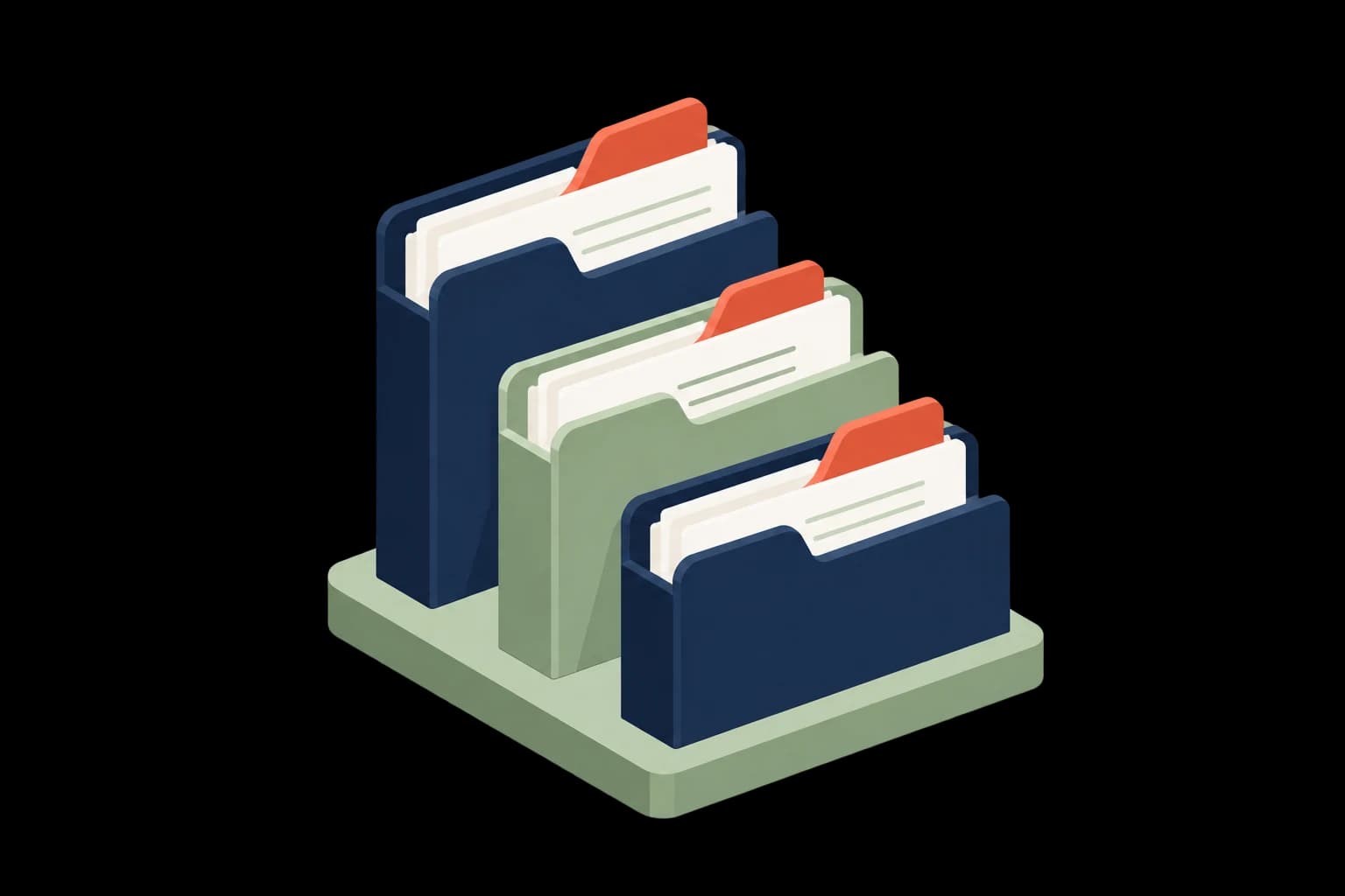 Three tiered navy and sage folders with ivory papers and coral tabs.