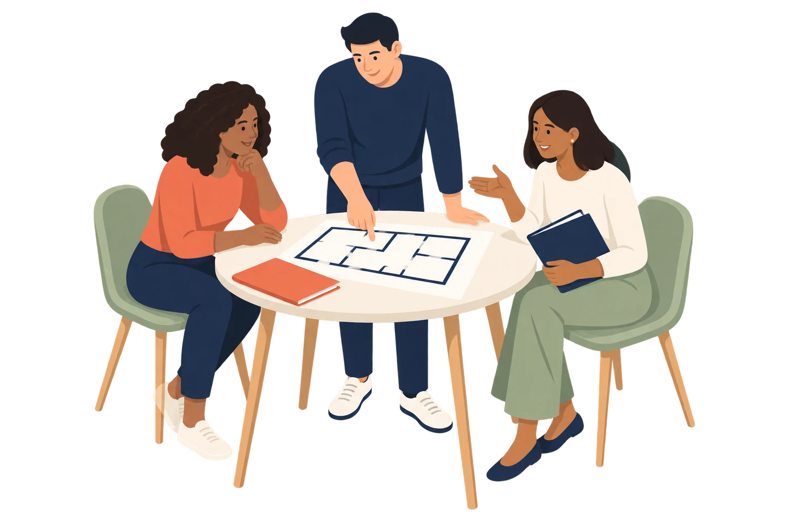 Three illustrated adults gathered around an unlabelled home plan.